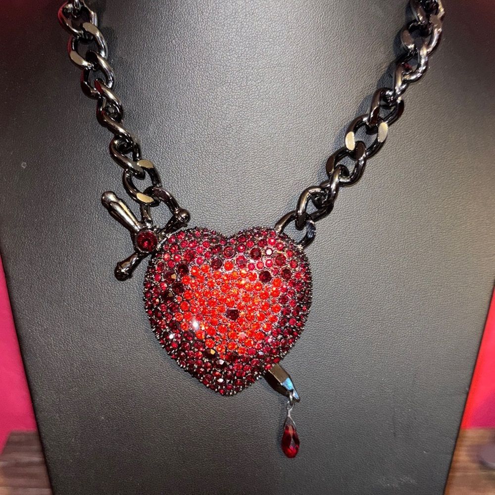 Betsey Johnson Red Crystal Heart & Dagger Pendant Necklace
